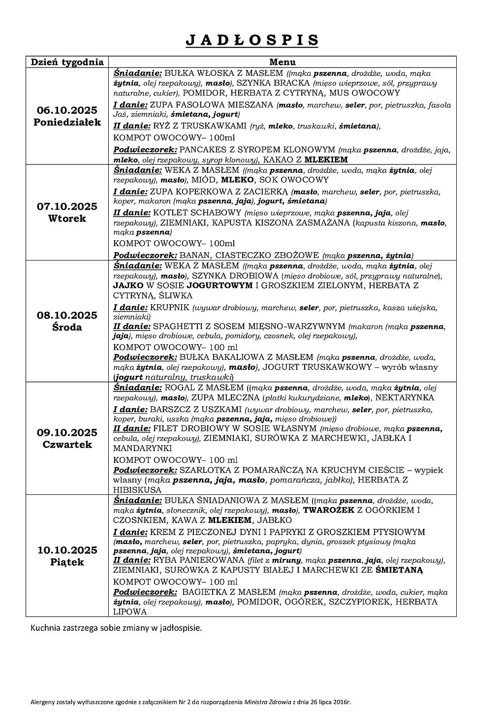 Jadłospis od poniedziałku do piątku 
